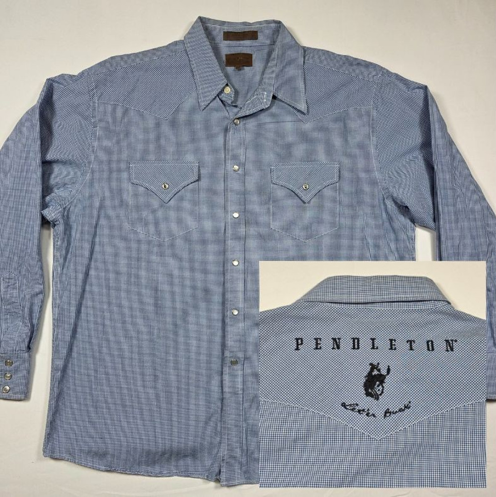 Pendleton Round-Up Let’er Buck Poplin Shirt XL Blue Cowboy Embroidered